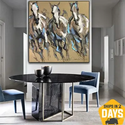 Colorful Horses Artwork Original Animal Oil Painting Abstract Brown Wall Art for Office Decor | HORSES TRIO 39.37"x39.37...