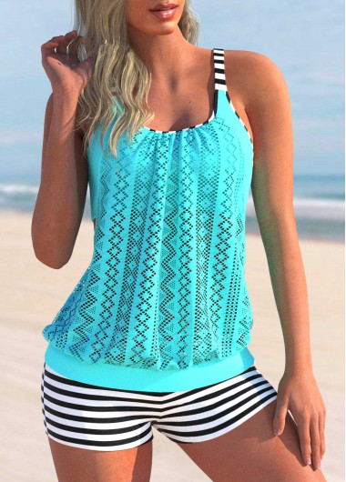 Modlily Lace Stitching Cyan Striped Tankini Set - XL