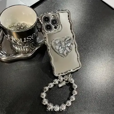 Rhinestone Decor Mirror Phone Case with Bracelet, 1 Count Full Covered Lens Phone Protective Cover for iPhone 11 12 13 14 Pr...