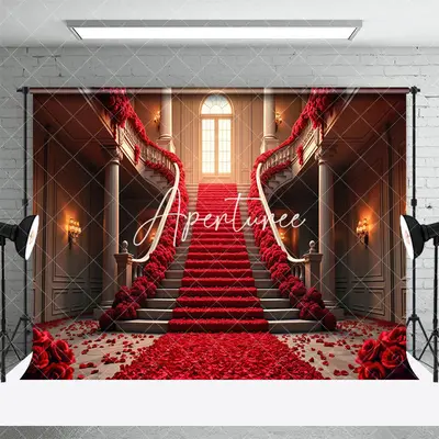 Aperturee Red Rose Stairs Romantic Valentines Day Backdrop, 3X2FT(1MX0.6M), 14 USD, valentines day backdrops, YMHD0Z59-M