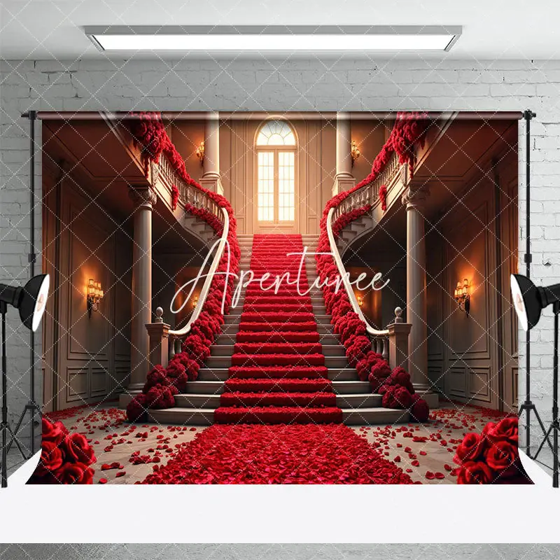 Aperturee Red Rose Stairs Romantic Valentines Day Backdrop, 3X2FT(1MX0.6M), 14 USD, valentines day backdrops, YMHD0Z59-M