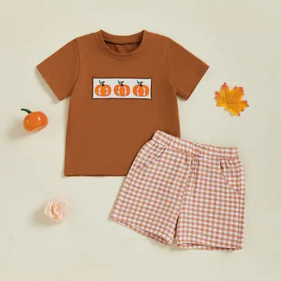 Toddler Baby Boys Halloween Outfits Pumpkin Embroidery Short Sleeve Round Neck Tops and Plaid Shorts 2Pcs Clothes Set