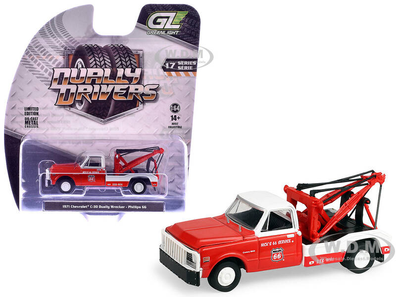 1971 Chevrolet C-30 Dually Wrecker Tow Truck Phillips 66 Red with White Top Dually Drivers Series 17 1/64 Diecast Model C...