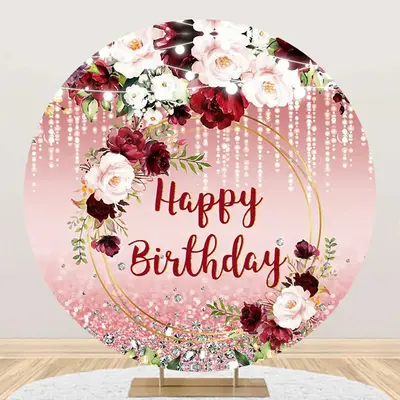 Red Pink Glitter Floral Leaf Round Birthday Backdrop - Aperturee