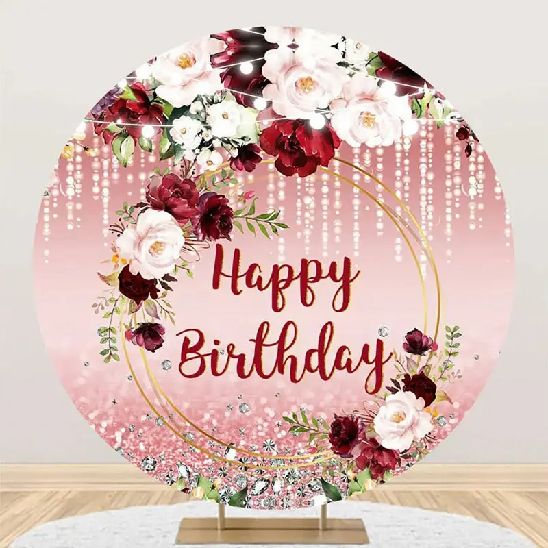 Red Pink Glitter Floral Leaf Round Birthday Backdrop - Aperturee