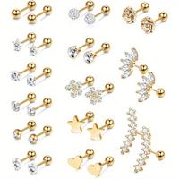 14 Pairs Stainless Steel Stylish Zircon Threaded Stud Earrings, Cartilage Piercing Jewelry Tragus Fashion Accessories, Suita...