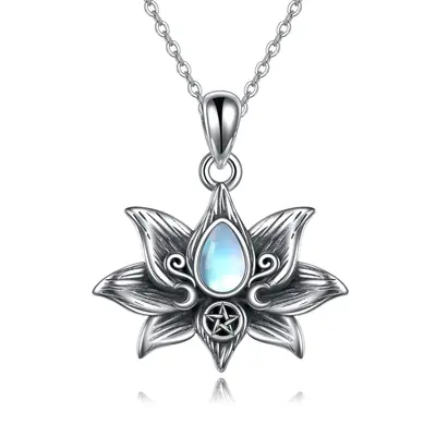 Sterling Silver Moonstone Lotus Moon Goddess Pendant Necklace
