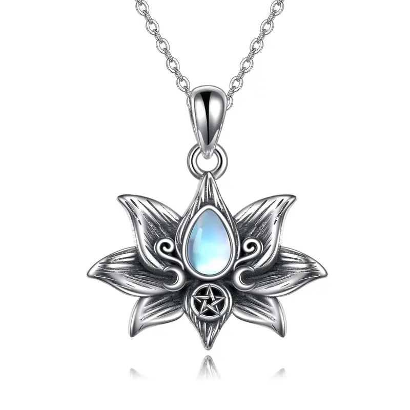 Sterling Silver Moonstone Lotus Moon Goddess Pendant Necklace