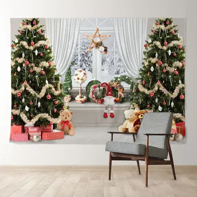 Aperturee Bay Window Trees Toy Bear Gift Christmas Backdrop