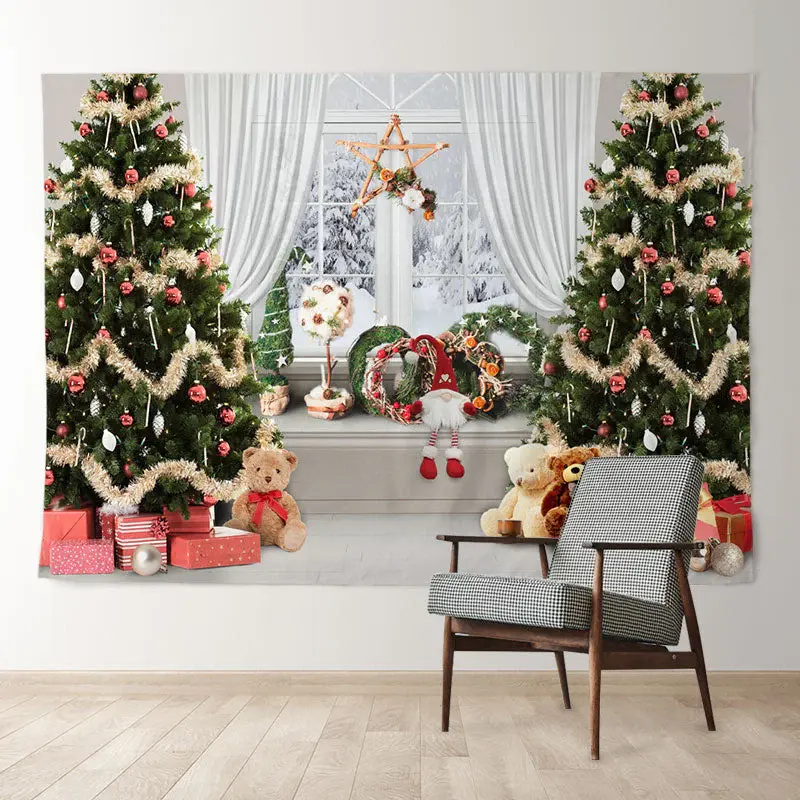 Aperturee Bay Window Trees Toy Bear Gift Christmas Backdrop