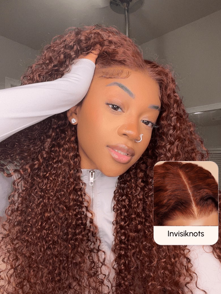 7x5 Bye Bye Knots Wig Glueless Lace Reddish Brown Curly Wig With Bleached Knots 150% Density