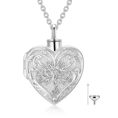 10K White Gold Tree Of Life Urn Necklace for Ashes with Silver Chain