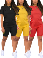 Women's Solid Two-piece Set, Women's Plain Shorts Set, Comfort Round Neck Tee & Skinny Shorts, Summer Clothes Women, Back To ...