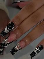 Star & Heart Rhinestone Decor Long Square Fake Nail, 24pcs French Style False Nails for Women & Girls DIY Nail Art, Effortles...