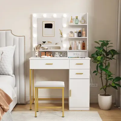 [Mothers Day Gifts] Lifewit Vanity with Mirror, Lights, and 4 Drawers, Customizable Dimmable Lighting, Built-in USB Ports, an...