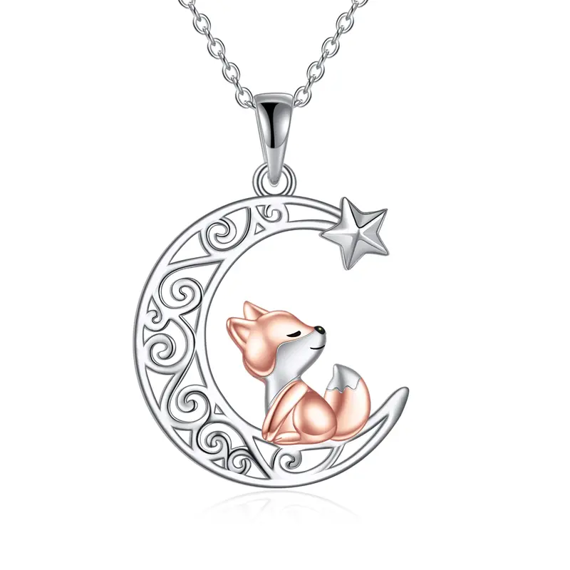 Sterling Silver Two-tone Fox & Moon & Star Pendant Necklace
