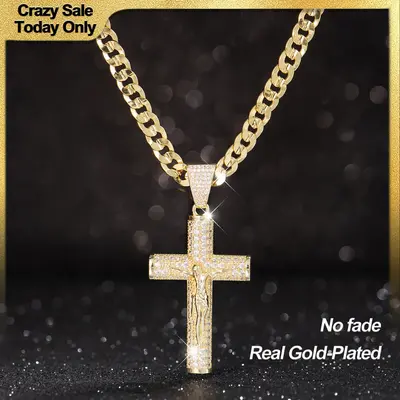 Holylegend 14K Real Gold-Plated Cross Necklace for Men,Tarnish-Free Cuban Figaro Rope Miami Chains with Jesus Crucifix Pendan...