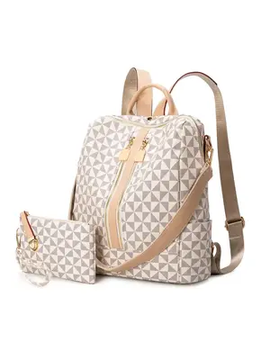 Fashionable Geometric Pattern Backpack & Wallet Set, Large Capacity Vintage Multifunctional Backpack, Versatile High-quality ...