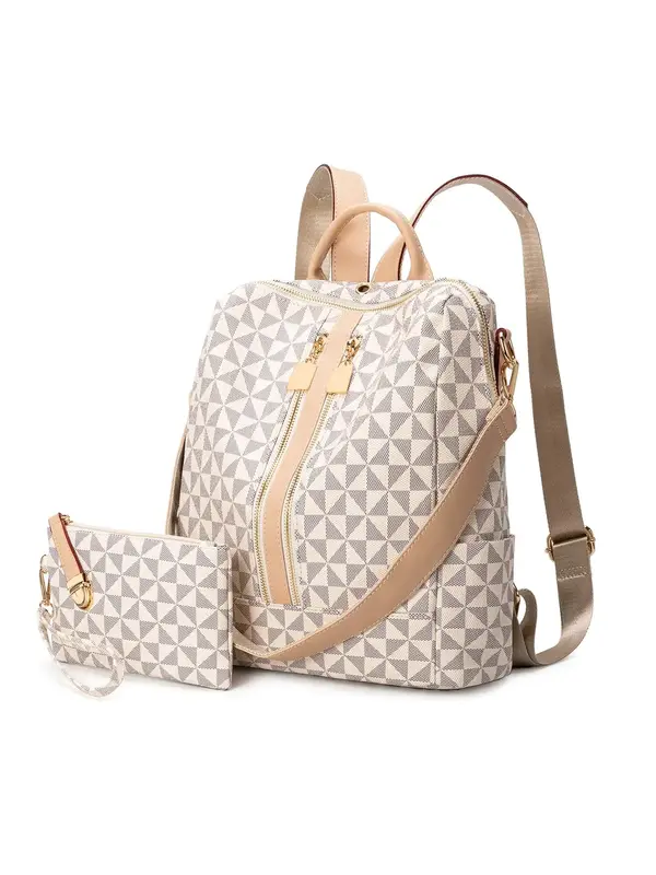 Fashionable Geometric Pattern Backpack & Wallet Set, Large Capacity Vintage Multifunctional Backpack, Versatile High-quality ...