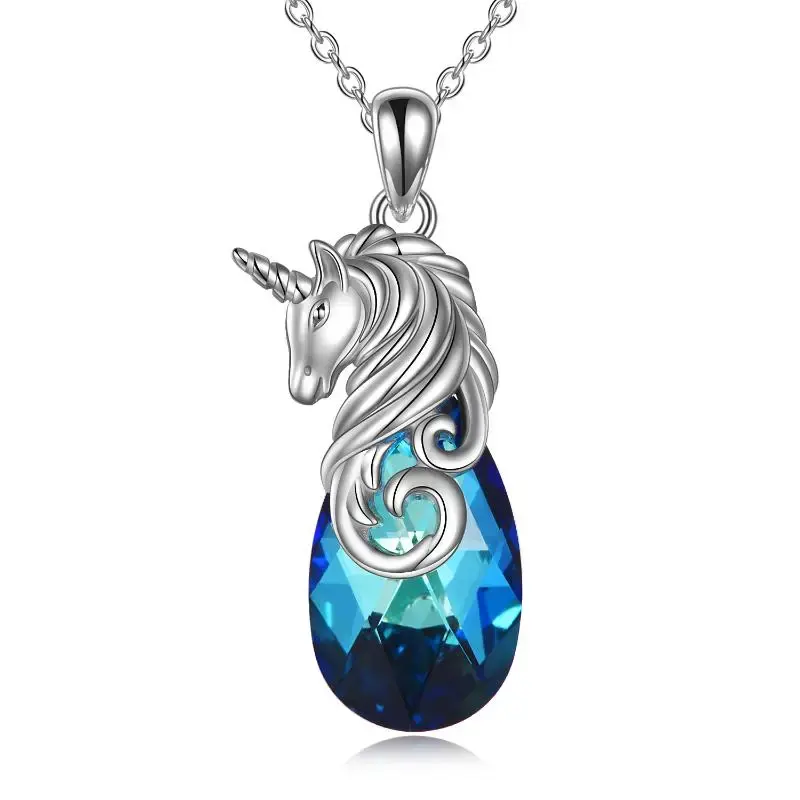 Sterling Silver Horse & Drop Shape Crystal Pendant Necklace
