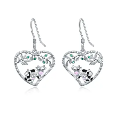 Sterling Silver Cow & Heart Drop Earrings