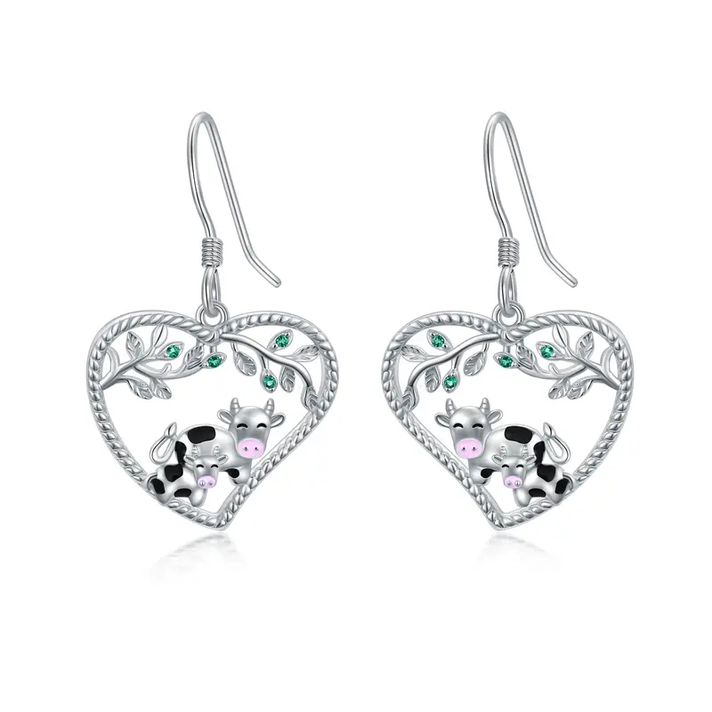 Sterling Silver Cow & Heart Drop Earrings