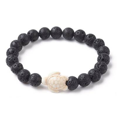 Natural Lava Rock Round & Synthetic Turquoise Turtle Beaded Stretch Bracelet for Women