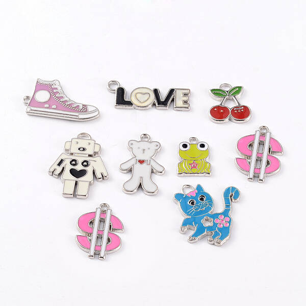 Mixed Shape Platinum Plated Alloy Enamel Pendants