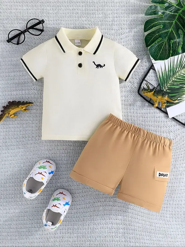 Baby's Dinosaur Print Short Sleeve Tee & Shorts Two-piece Set, Casual Sporty Round Neck T-shirt & Shorts for Daily Wear, Infa...