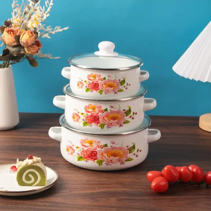 Floral Pattern Cookware Set, 3 Counts/set Thickened Double Ear Stockpots with Handle & Lid, Cookware for Home Kitchen, Summer...