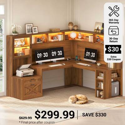 SEDETA | 67.9 Inch L Shaped Computer Desk with Drawers LED Lights Power Outlet Farmhouse Office Desk with Double Hutch Storag...