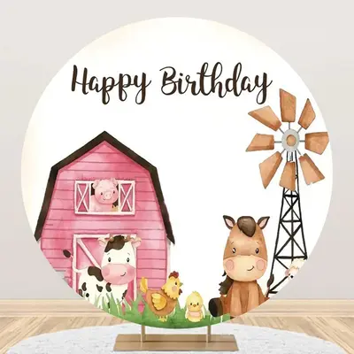 Pink House Animals Farm Round Birthday Backdrop - Aperturee