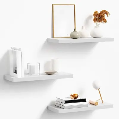 Floating Shelves for Wall, White Wood Wall Shelf Set of 3, 16\
