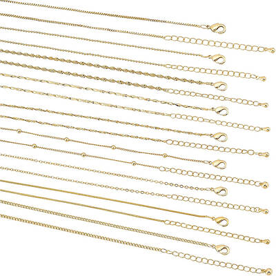 BENECREAT 9Pcs 9 Style 18K Gold Plated Brass Chain Necklaces Set