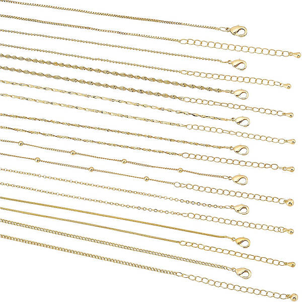 BENECREAT 9Pcs 9 Style 18K Gold Plated Brass Chain Necklaces Set
