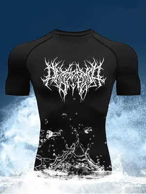 Men's Graphic Round Neck Raglan Sleeve Sports Tee, Regular Fit Quick Drying Breathable Compression T-shirt for Gym Workout Ru...