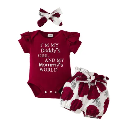 Infant Baby Girls Clothes Set Letter Print Short Sleeve Crew Neck Romper Floral Print Shorts Headband 3Pcs Set