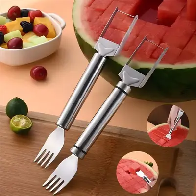 2 Counts Set 2-in-1 Watermelon Fork Slicer,Stainless Steel Fruit Cutter,Watermelon Cube Cutting Tool,Watermelon Slicer,Dual H...