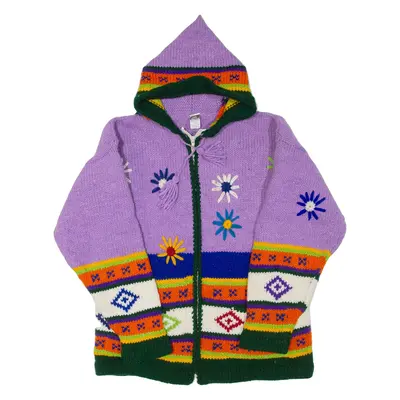 NATIVE HANDICRAFTS Hooded Womens Patterned Jumper Purple Chunky Knit Wool M
