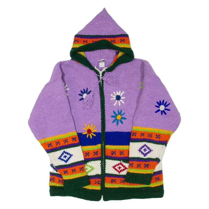 NATIVE HANDICRAFTS Hooded Womens Patterned Jumper Purple Chunky Knit Wool M