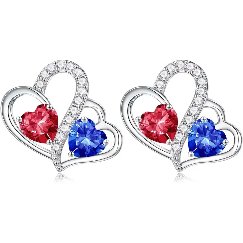 Sterling Silver Personalized Birthstone & Mother & Sisters & Heart Stud Earrings