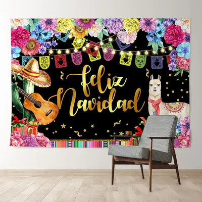 Aperturee Floral Llama Gold Feliz Navidad Christmas Backdrop