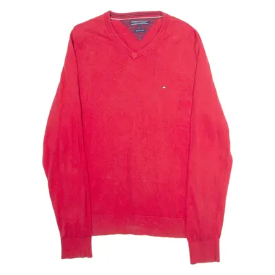 TOMMY HILFIGER Mens Patterned Jumper Red V-Neck Tight Knit Cashmere L
