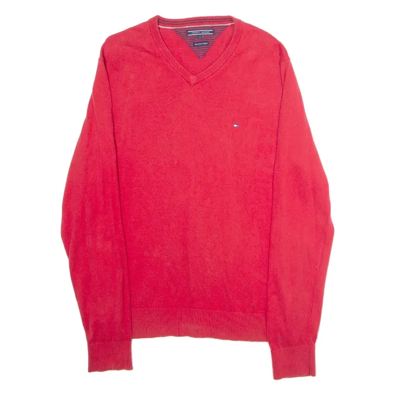 TOMMY HILFIGER Mens Patterned Jumper Red V-Neck Tight Knit Cashmere L