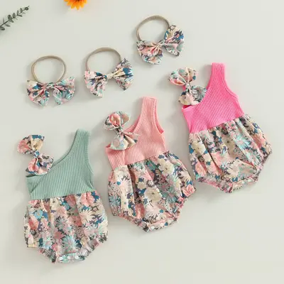 Newborn Infant Baby Girl Summer Clothes Sleeveless Flower Print One Shoulder Jumpsuit Romper with Headband