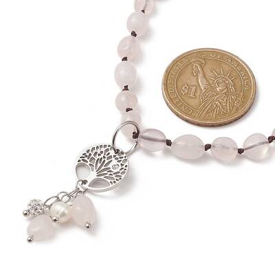 Natural Rose Quartz & Pearl & Cubic Zirconia Tree of Life Pendant Necklace