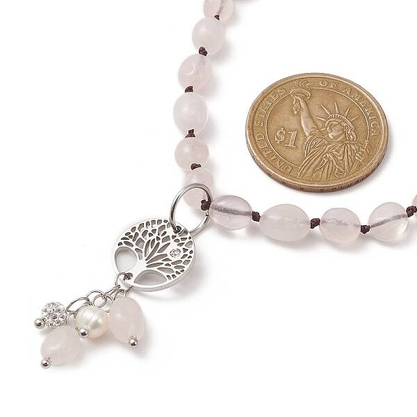 Natural Rose Quartz & Pearl & Cubic Zirconia Tree of Life Pendant Necklace