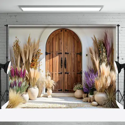 Aperturee Boho Floral Vase Retro Brown Door Wedding Backdrop | Photo Booth Background | Wall Background Photoshoot | Diy Phot...