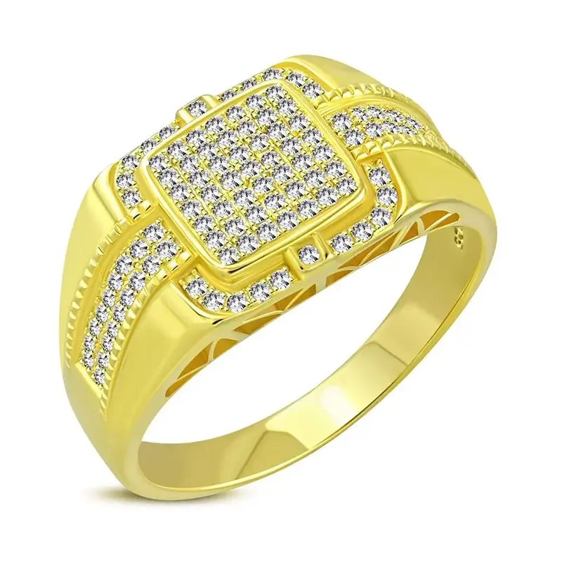 10K Gold Round Shaped Moissanite Personalized Engraving & Square Ring for Men