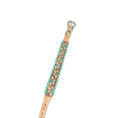 Genuine leather dog collar with teal rawhide.